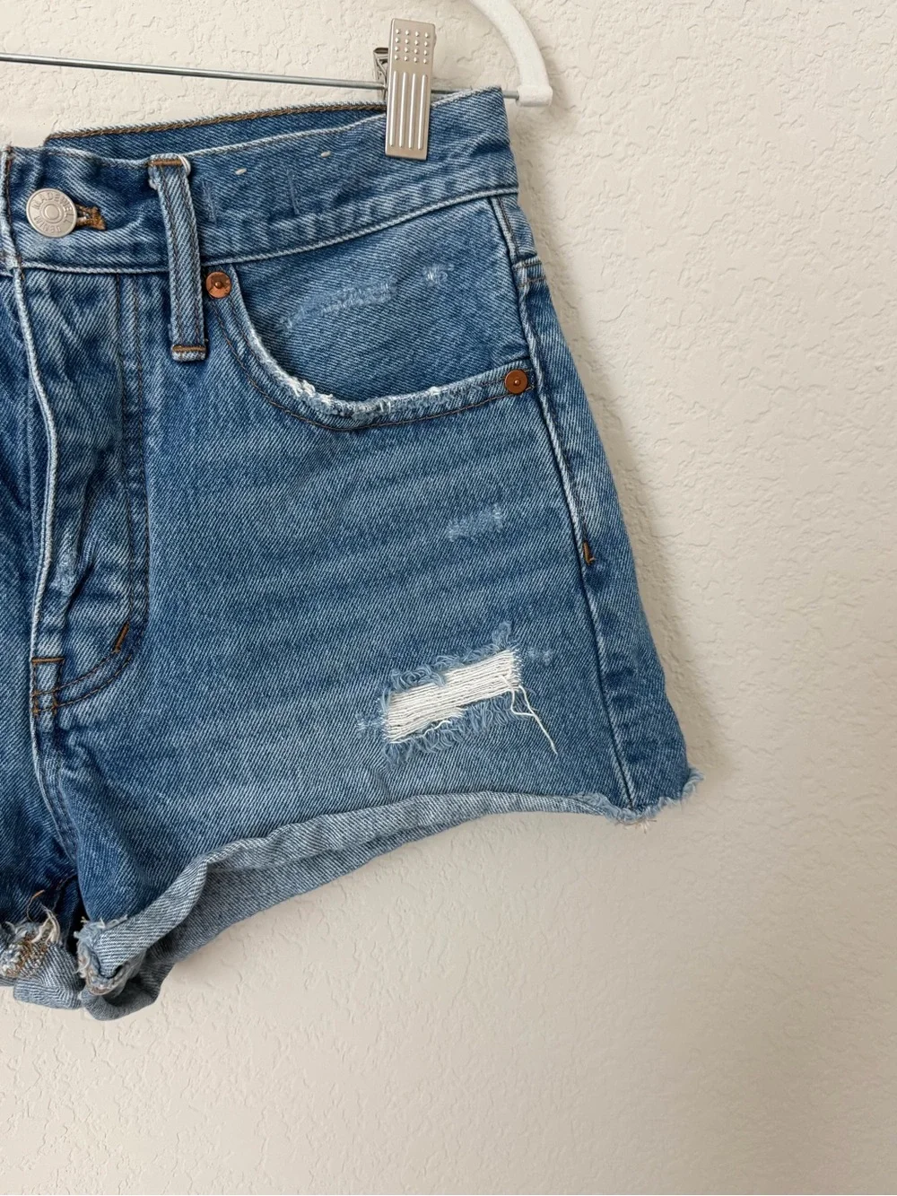 Madewell Blue Distressed High-Rise Denim Shorts raw hem - button fly